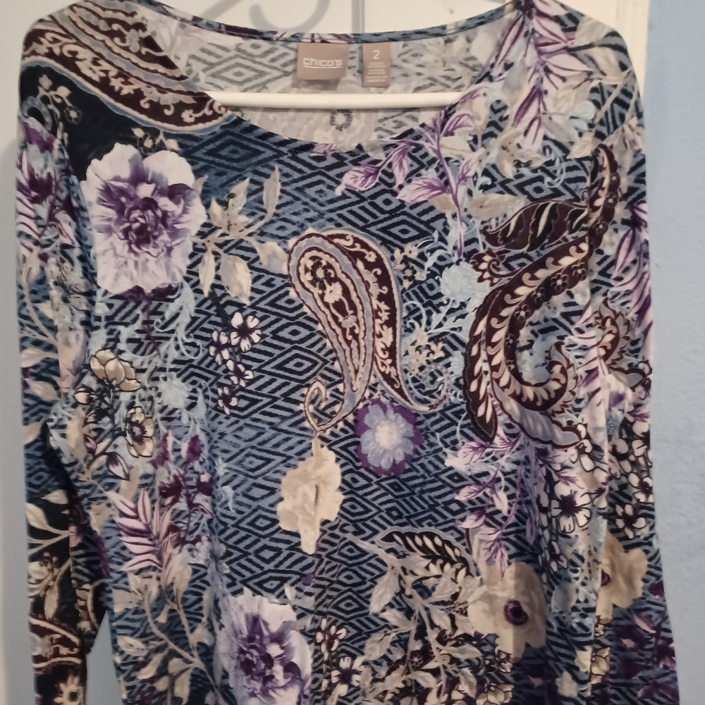 Chicos size 2 values and grape floral-paisley top